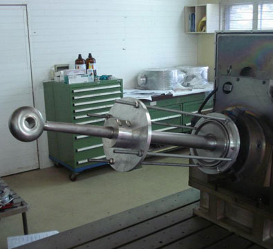 Set up showing the electron beam welding of the central conductor to the top flange for the low beta resonator (March 2012).