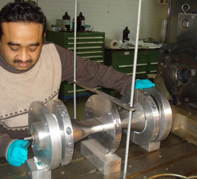 Niobium spoke assembly for the SSR1 single spoke resonator being setup for electron beam welding (February 2013).