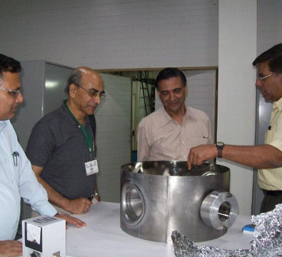 Visit by Dr P D Gupta, Director-RRCAT and Dr Amit Roy, Former Director-IUAC, to see the progress in the development of the SSR1 single spoke resonators (May 2014).