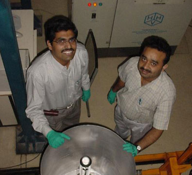 Central conductors from the QWR production at IUAC being set up for heat treatment (May 2007).